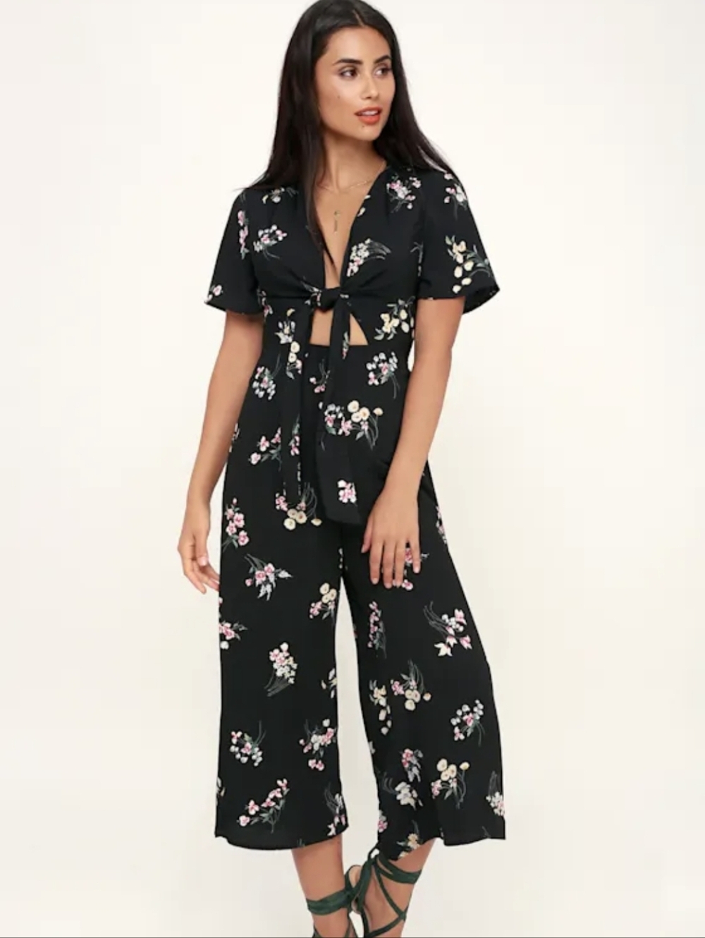 LULUS LUSH Black Floral Print Tie-Front Wide-Leg Jumpsuit